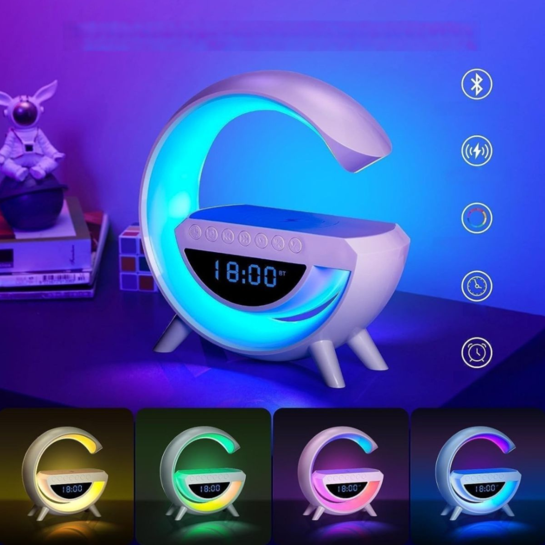 PARLANTE BLUETOOTH CON LUZ, CARGADOR Y RELOJ