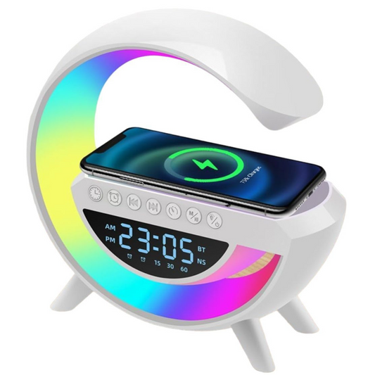 PARLANTE BLUETOOTH CON LUZ, CARGADOR Y RELOJ
