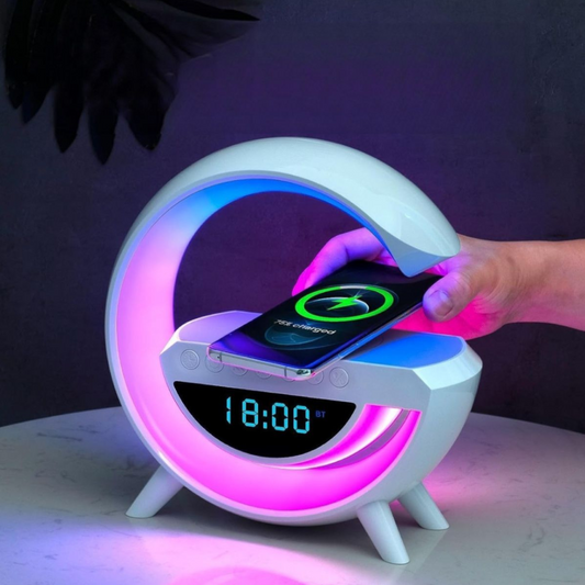 PARLANTE BLUETOOTH CON LUZ, CARGADOR Y RELOJ