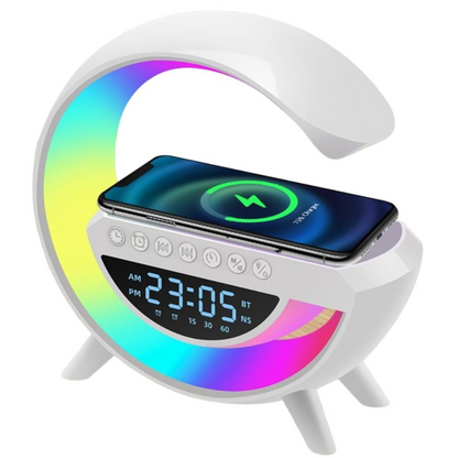 PARLANTE BLUETOOTH CON LUZ, CARGADOR Y RELOJ