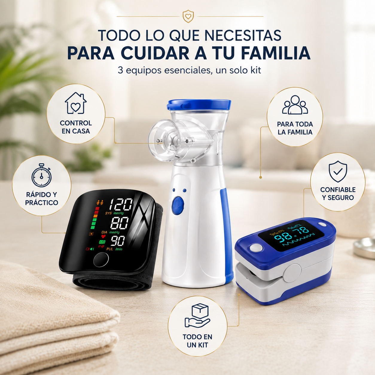 VitalCare 3 en 1 - Tensiómetro + Nebulizador + Oxímetro