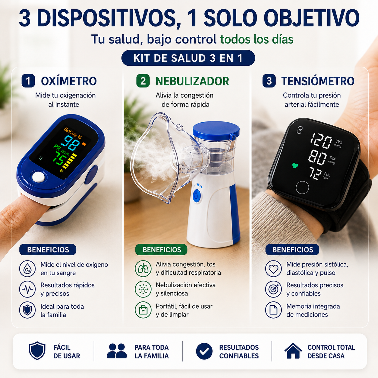 VitalCare 3 en 1 - Tensiómetro + Nebulizador + Oxímetro